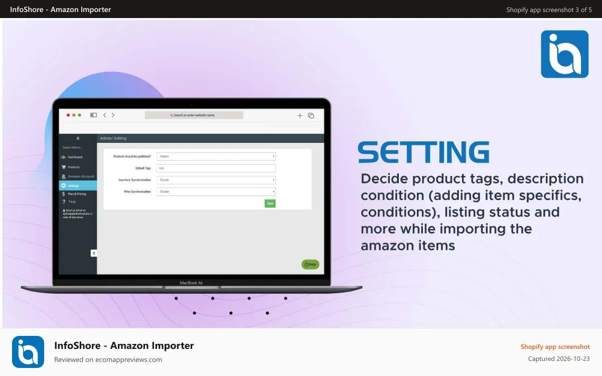 InfoShore ‑ Amazon Importer Shopify app screenshot: Settins while importing products