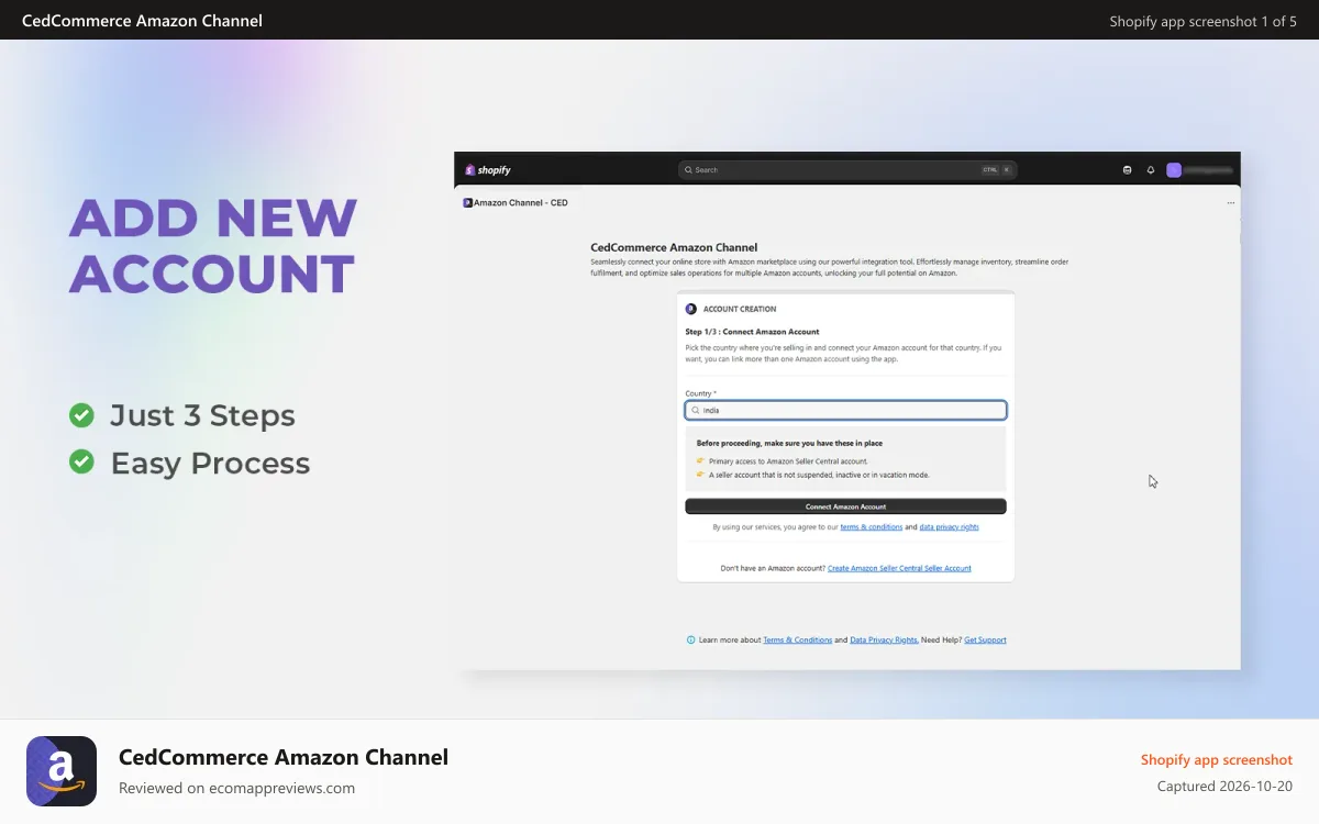 CedCommerce Amazon Channel Shopify app screenshot: Account-Connection