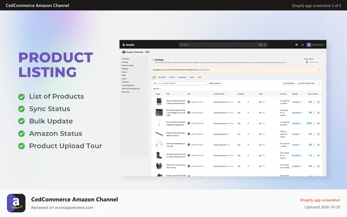 CedCommerce Amazon Channel Shopify app screenshot: Product-Listings