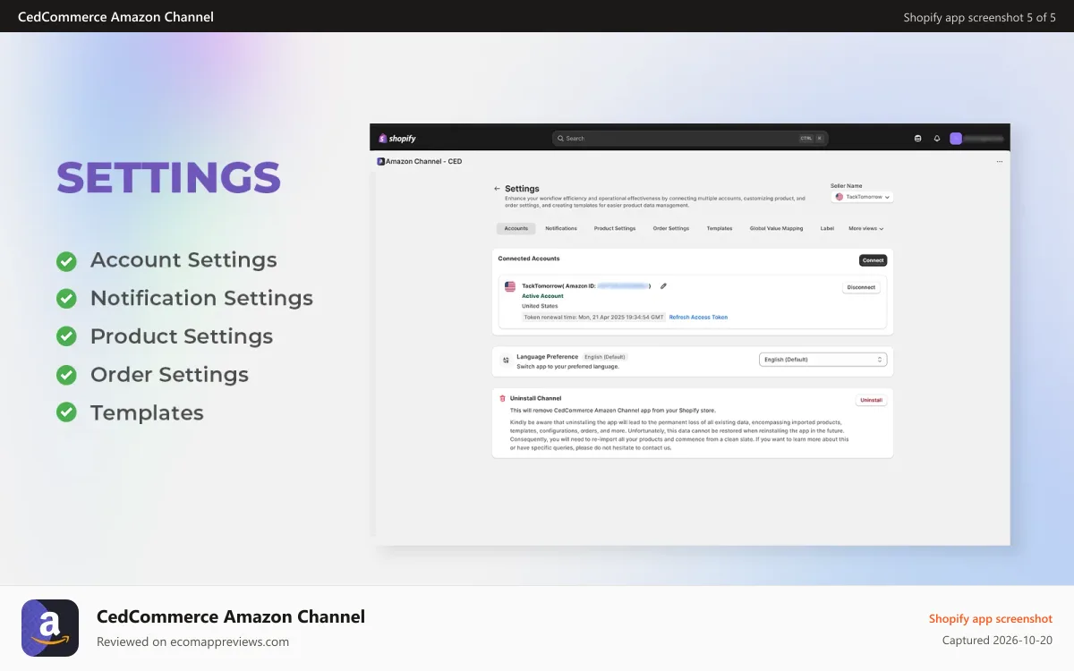 CedCommerce Amazon Channel Shopify app screenshot: Account-Settings
