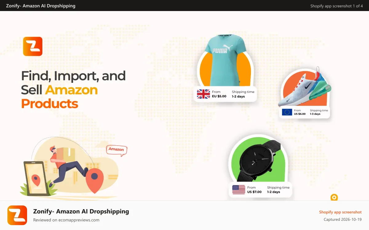 Zonify‑ Amazon AI Dropshipping Shopify app screenshot: Find, Import and sell Amazon products