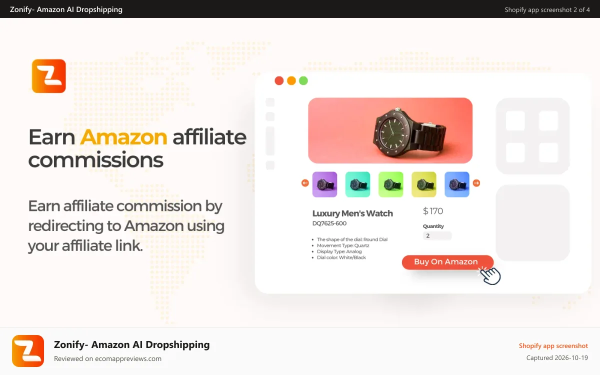 Zonify‑ Amazon AI Dropshipping Shopify app screenshot: Earn amazon affiliate commissions