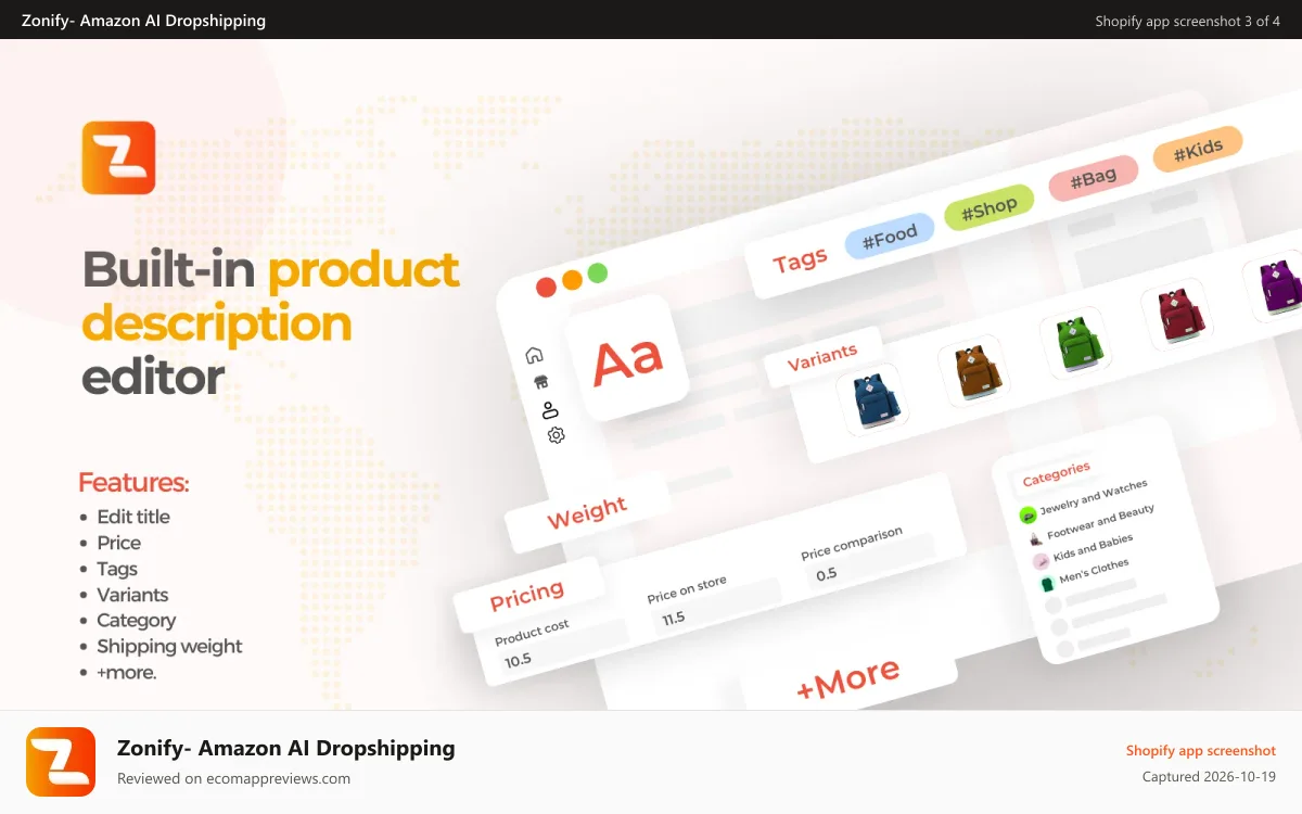 Zonify‑ Amazon AI Dropshipping Shopify app screenshot: Built in product description editor