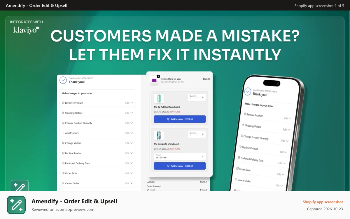 Amendify ‑ Order Edit & Upsell Shopify app screenshot: shopify let customer edit shipping address