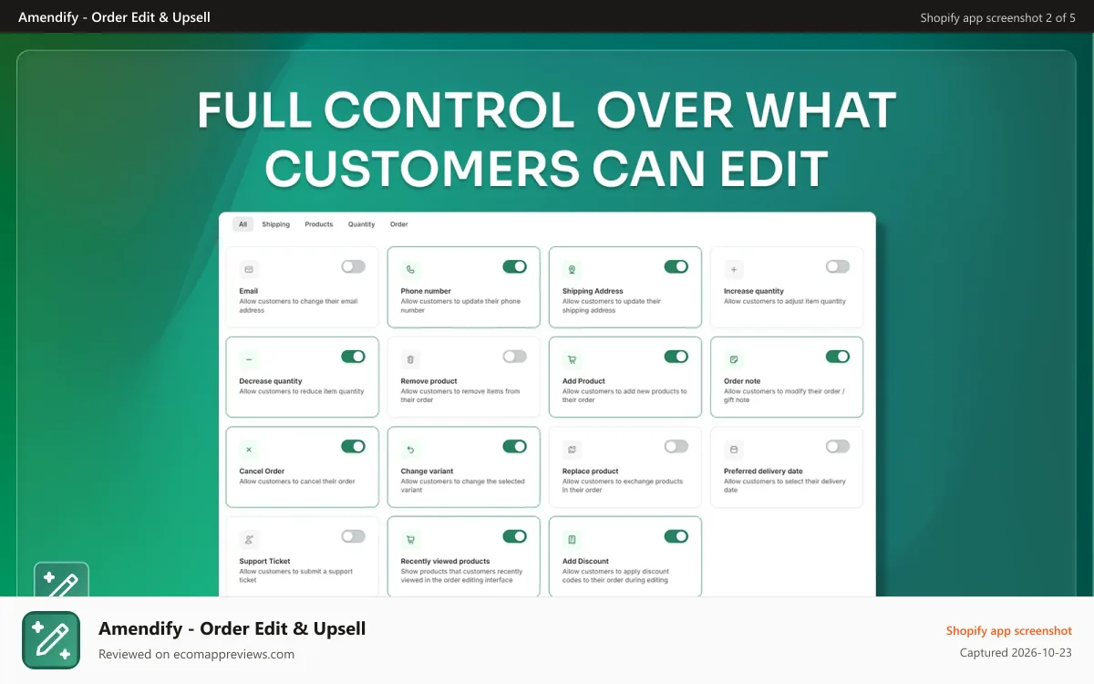 Amendify ‑ Order Edit & Upsell Shopify app screenshot: post-purchase upsell thank you and order status page