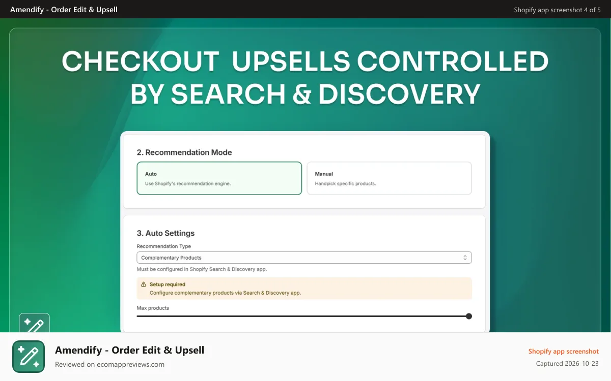 Amendify ‑ Order Edit & Upsell Shopify app screenshot: complementary products and related products upsell