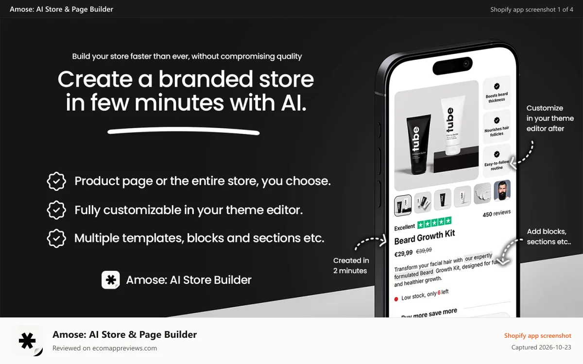 Amose: AI Store & Page Builder Shopify app screenshot: Amose AI Store Builder