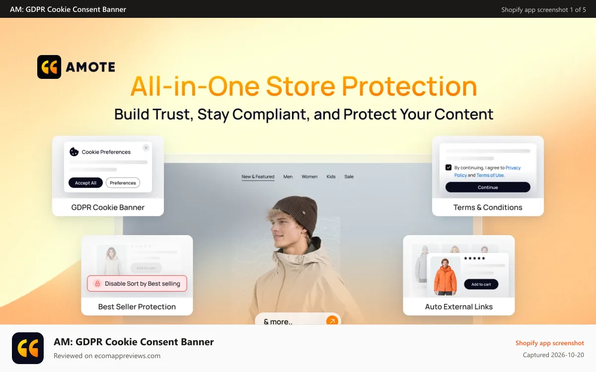 AM: GDPR Cookie Consent Banner Shopify app screenshot: All-in-one store protection with GDPR cookie consent and terms