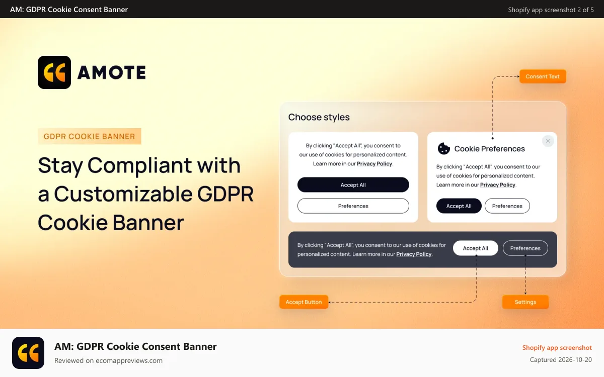 AM: GDPR Cookie Consent Banner Shopify app screenshot: Customize GDPR cookie banner styles, consent text and settings
