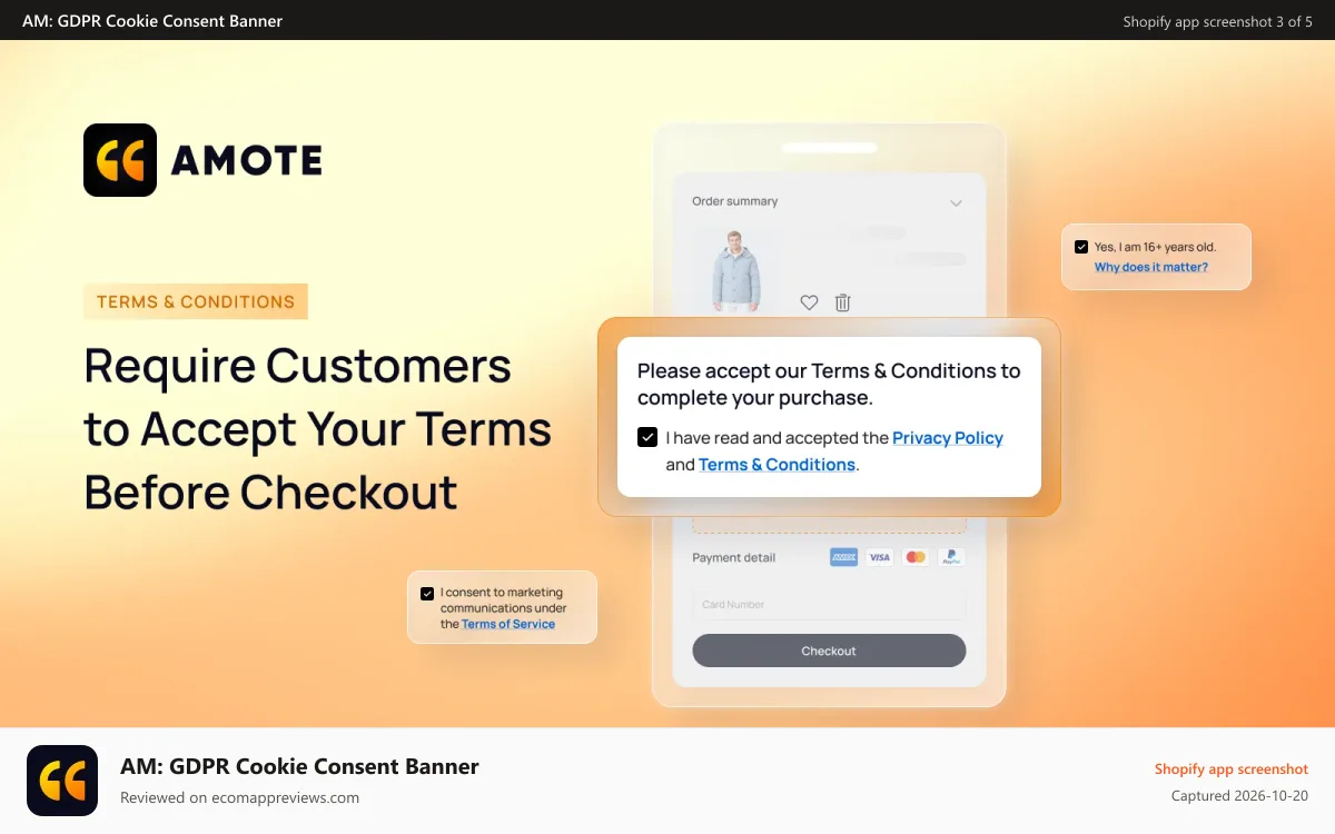 AM: GDPR Cookie Consent Banner Shopify app screenshot: Require a Terms and Conditions checkbox before checkout begins