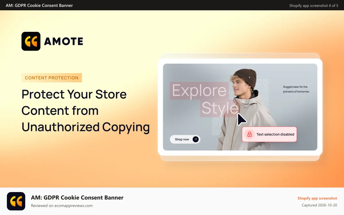 AM: GDPR Cookie Consent Banner Shopify app screenshot: Protect store content by disabling copying and text selection