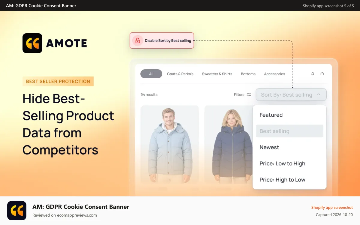 AM: GDPR Cookie Consent Banner Shopify app screenshot: Hide best-selling product data from competitors in your store