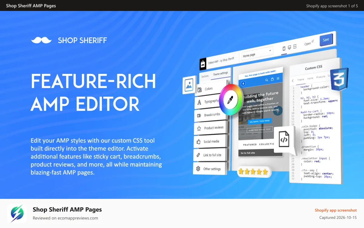 Shop Sheriff AMP Pages Shopify app screenshot: AMP and PWA - Shop Sheriff Customize Amped Mobile for SEO & PWA