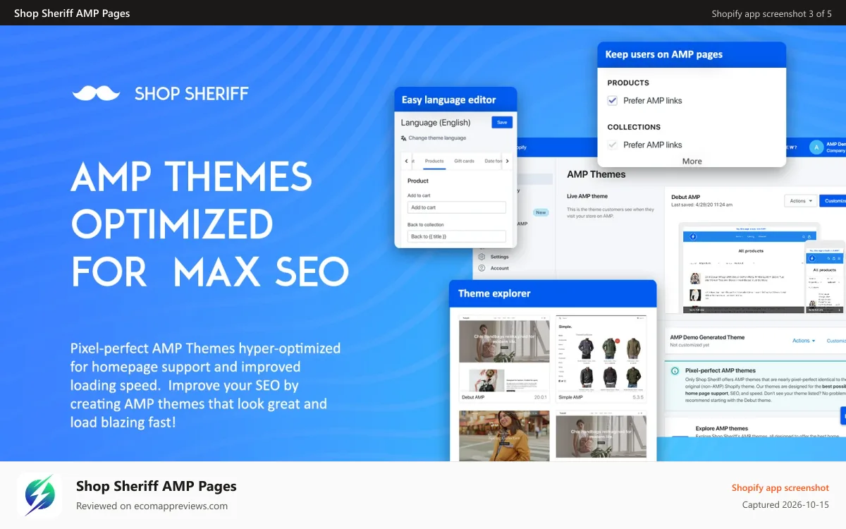 Shop Sheriff AMP Pages Shopify app screenshot: Highly Customizable AMP SEO optimized themes - for amped SEO