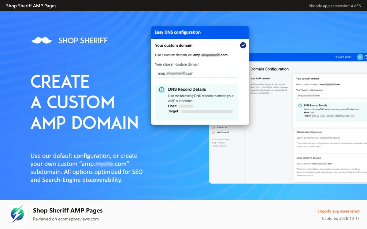 Shop Sheriff AMP Pages Shopify app screenshot: AMP Custom Domain integration, amp.yoursite.com