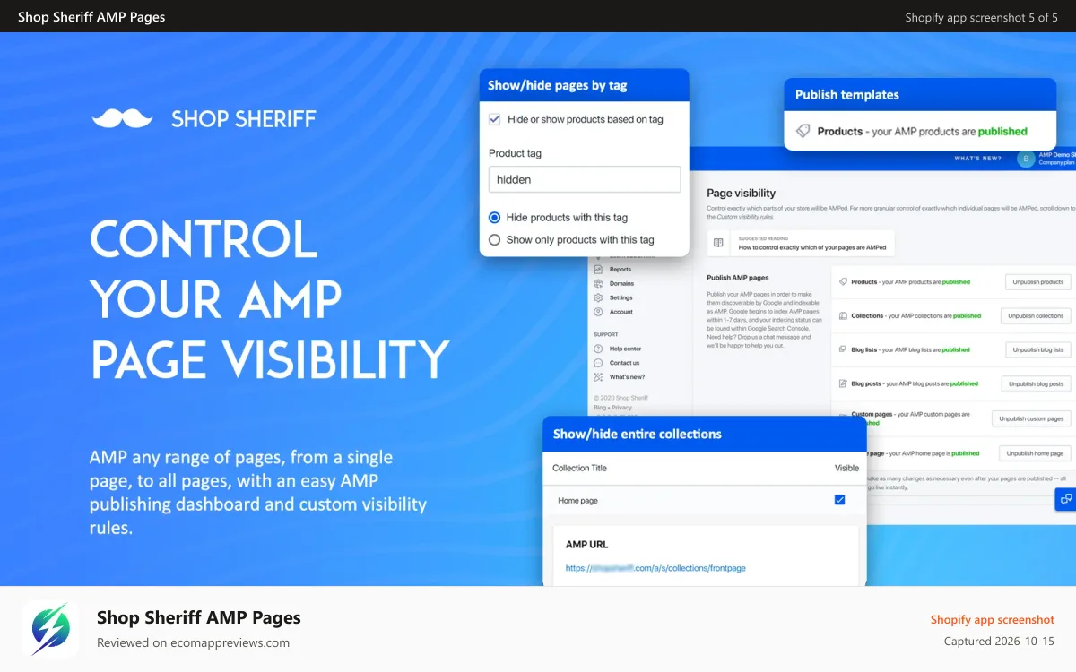 Shop Sheriff AMP Pages Shopify app screenshot: AMP Control page visibility, hide/show products, collections etc