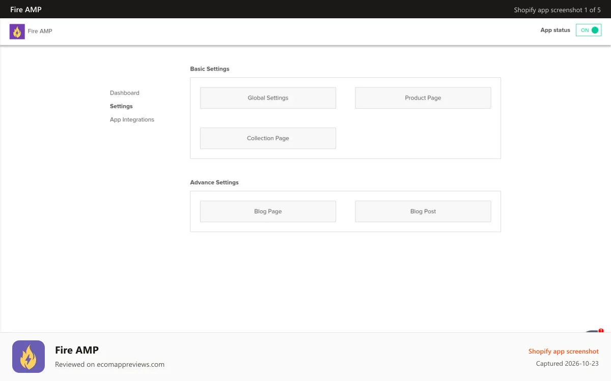 Fire AMP Shopify app screenshot: FireAMP Admin Panel for settings