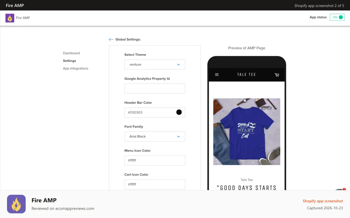 Fire AMP Shopify app screenshot: FireAMP Admin Panel for settings