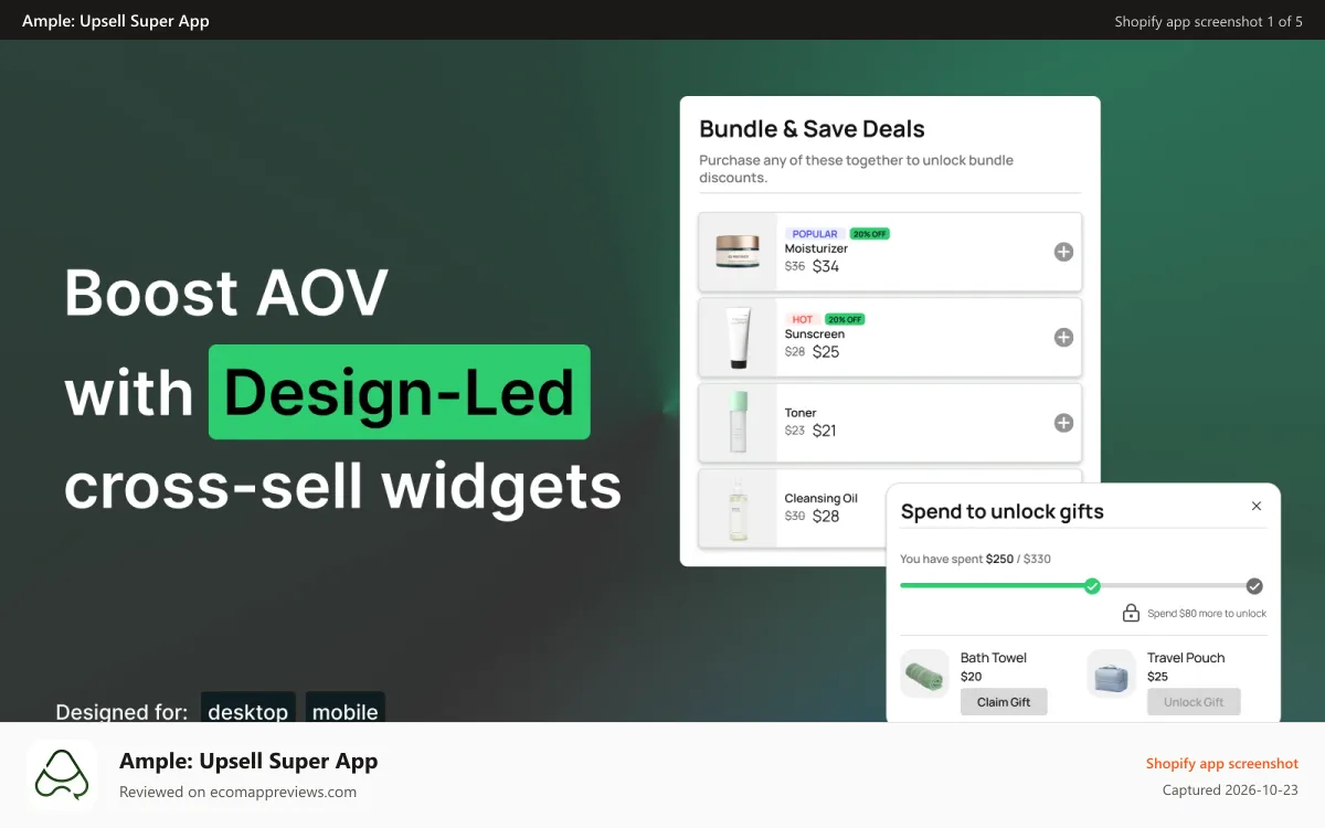 Ample: Upsell Super App Shopify app screenshot: Boost AOV with Design-led cross-sell widgets