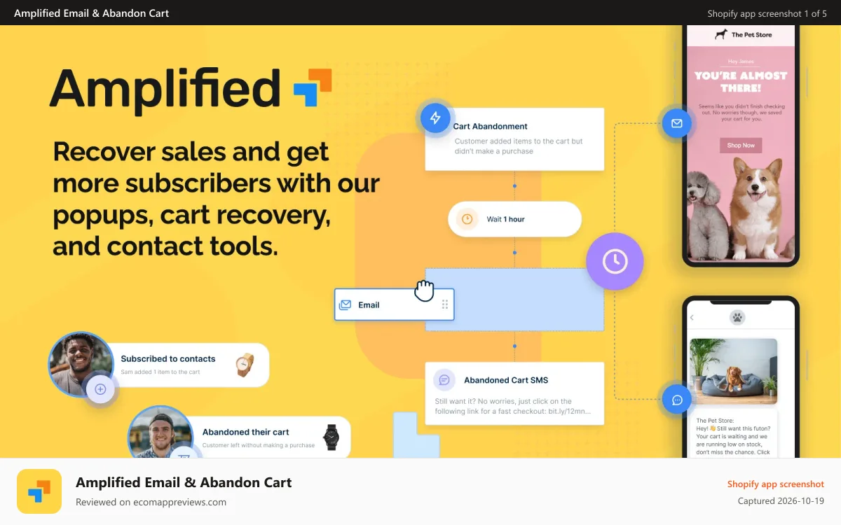 Amplified Email & Abandon Cart Shopify app screenshot: Boost your sales with the best suite of marketing automation