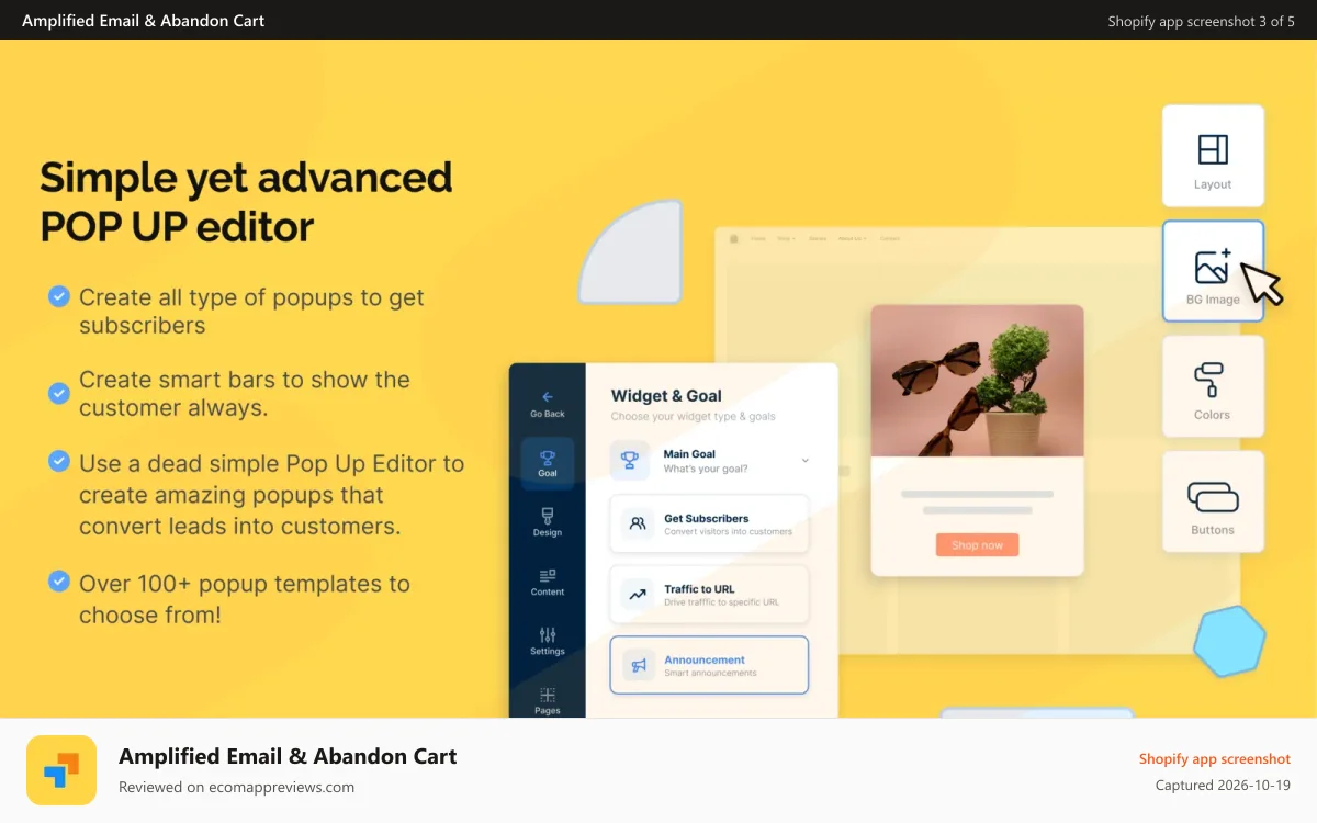 Amplified Email & Abandon Cart Shopify app screenshot: Create Popups with over 100+ templates to subscribe customers