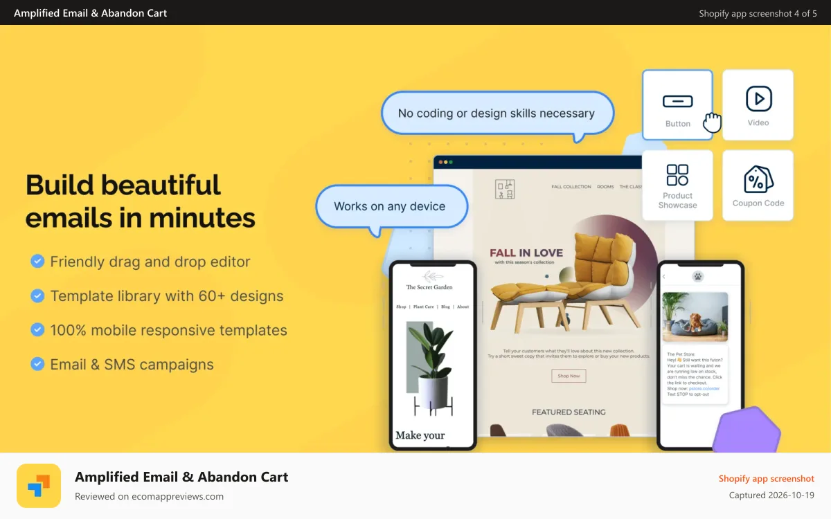 Amplified Email & Abandon Cart Shopify app screenshot: Build beautiful emails in minutes