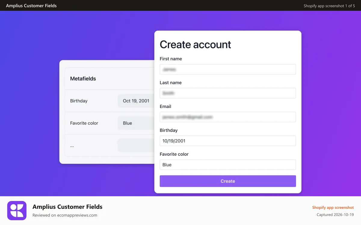 Amplius Customer Fields Shopify app screenshot: Amplius customer additional fields