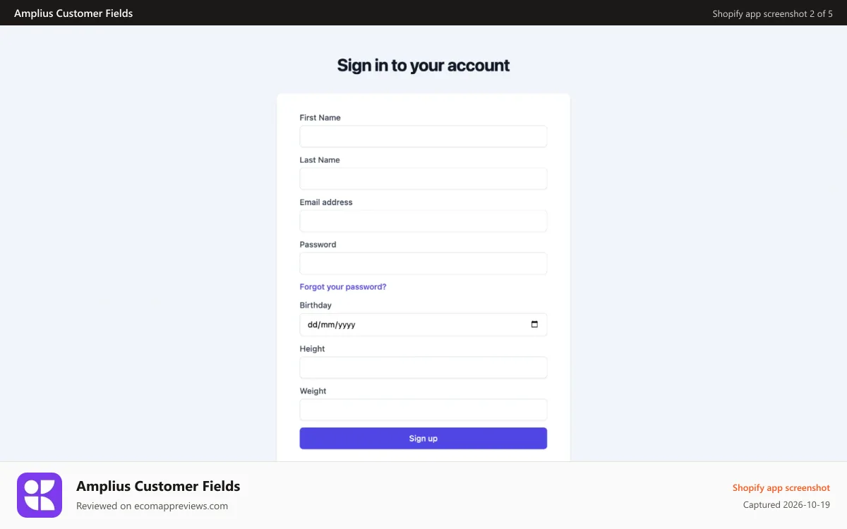 Amplius Customer Fields Shopify app screenshot: Customize signup form
