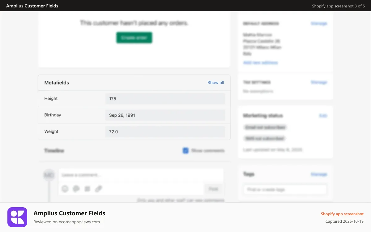 Amplius Customer Fields Shopify app screenshot: Check custom fields on Shopify customer page
