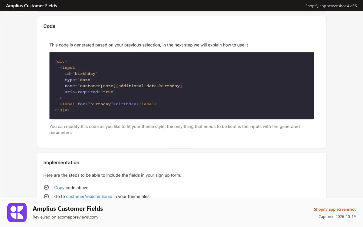 Amplius Customer Fields Shopify app screenshot: Amplius installations on Shopify