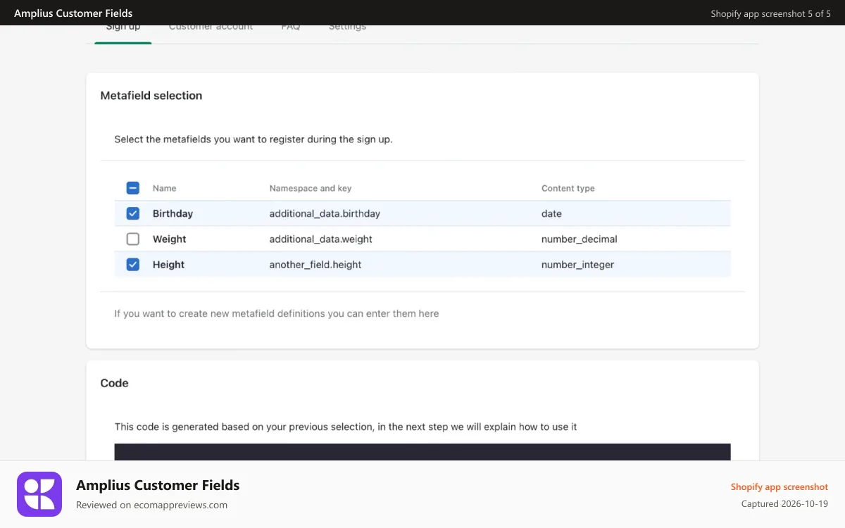 Amplius Customer Fields Shopify app screenshot: Select your metafields