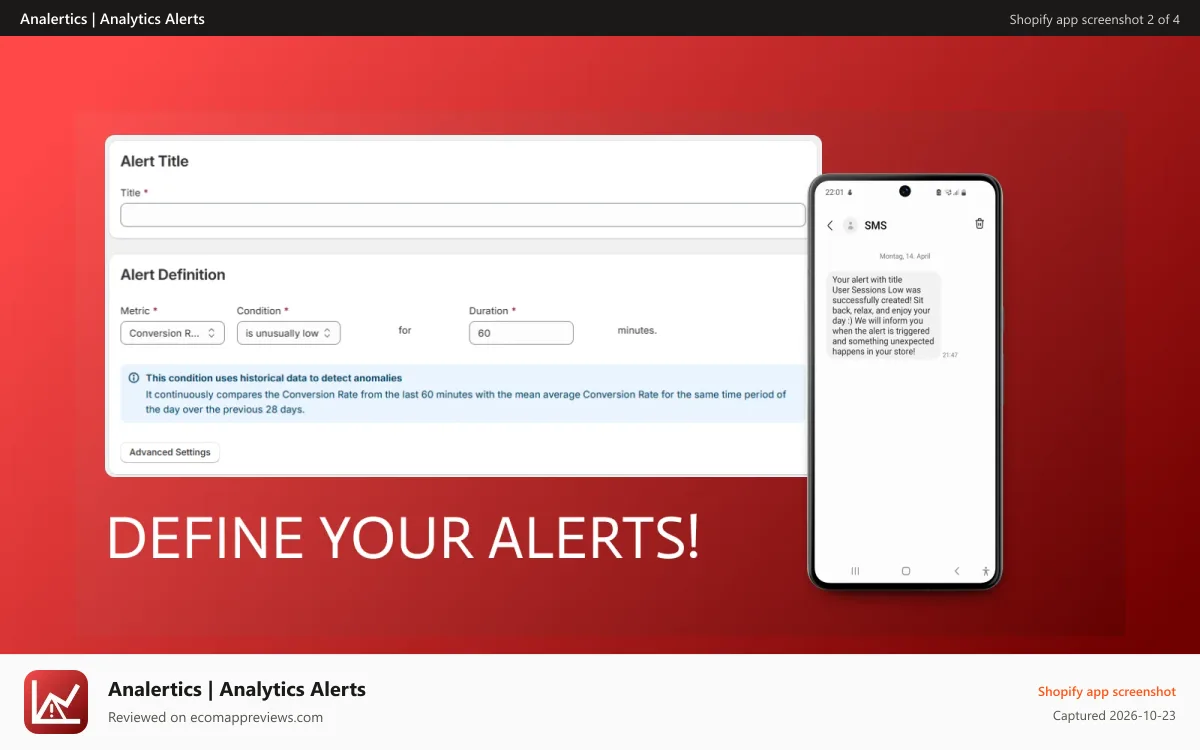 Analertics | Analytics Alerts Shopify app screenshot: Define your alerts!