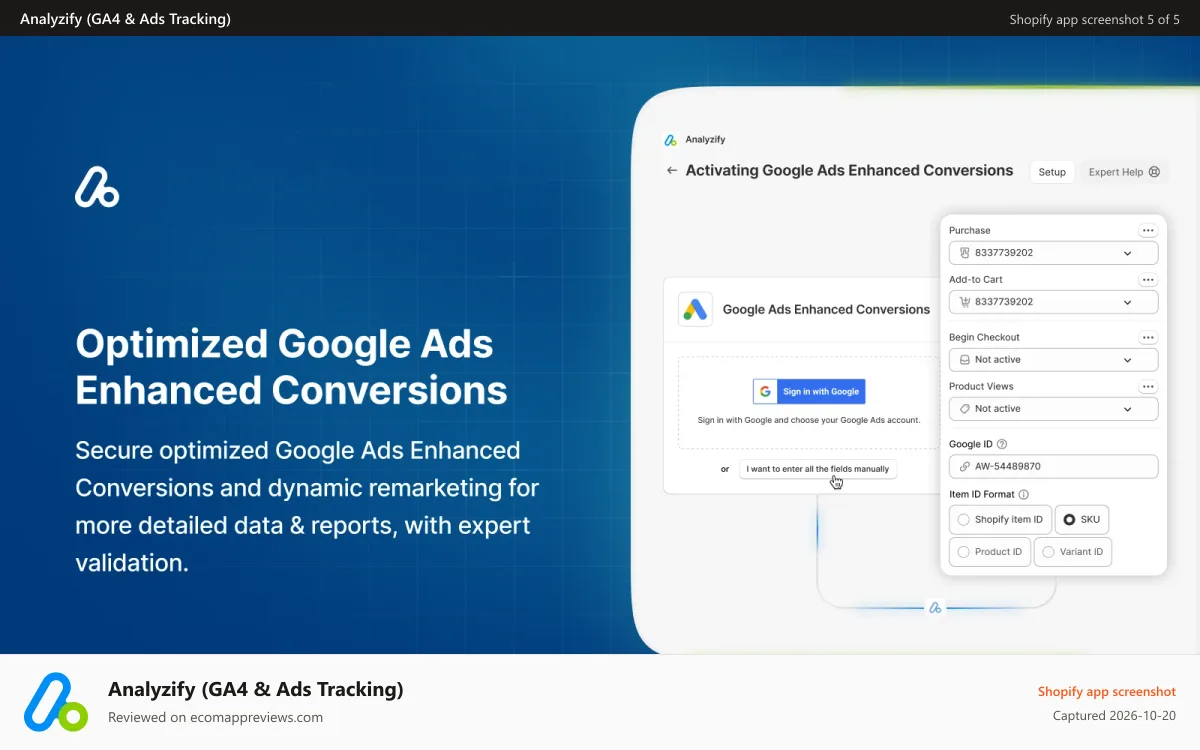 Analyzify (GA4 & Ads Tracking) Shopify app screenshot: Analyzify - Google Ads Enhanced Conversions