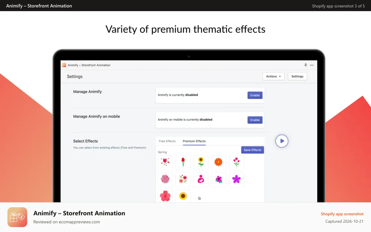 Animify – Storefront Animation Shopify app screenshot: Animify admin settings – icons / images animation effects