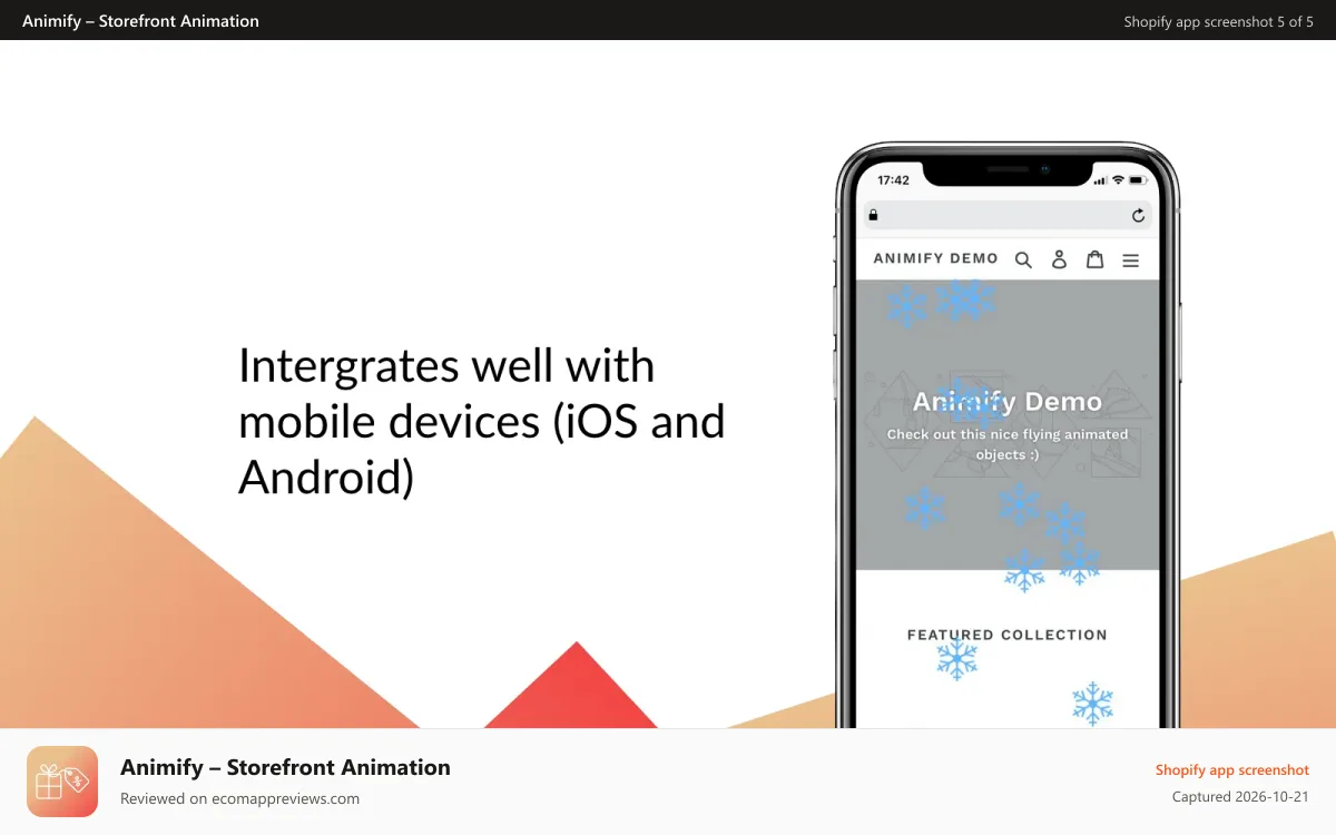 Animify – Storefront Animation Shopify app screenshot: Mobile phone screen – falling snow animation for Shopify