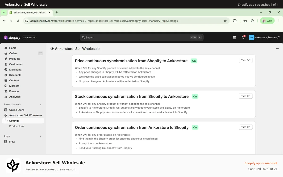 Ankorstore: Sell Wholesale Shopify app screenshot: A complete Settings page to fine-tune the App to your needs