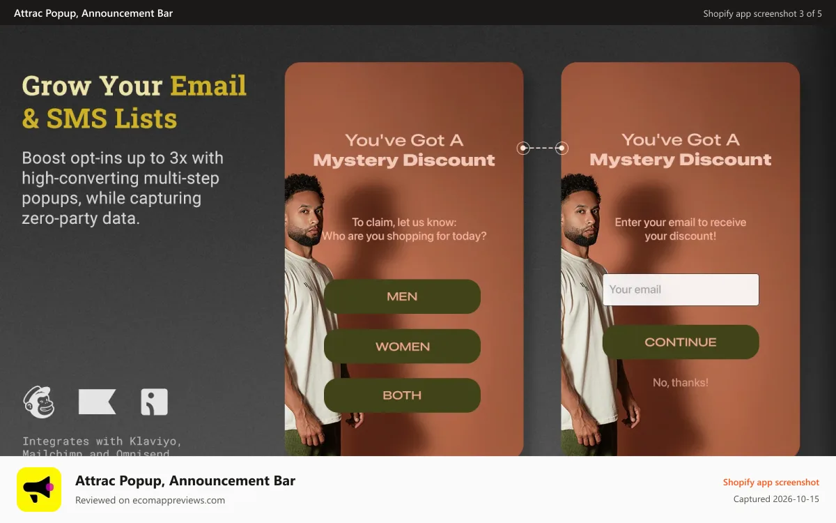 Attrac Popup, Announcement Bar Shopify app screenshot: Grow your email & SMS lists with email & SMS signup popup & bar