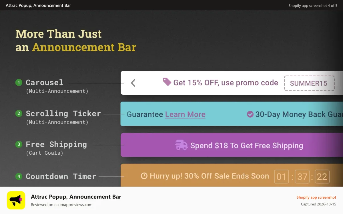 Attrac Popup, Announcement Bar Shopify app screenshot: More than just an announcement bar