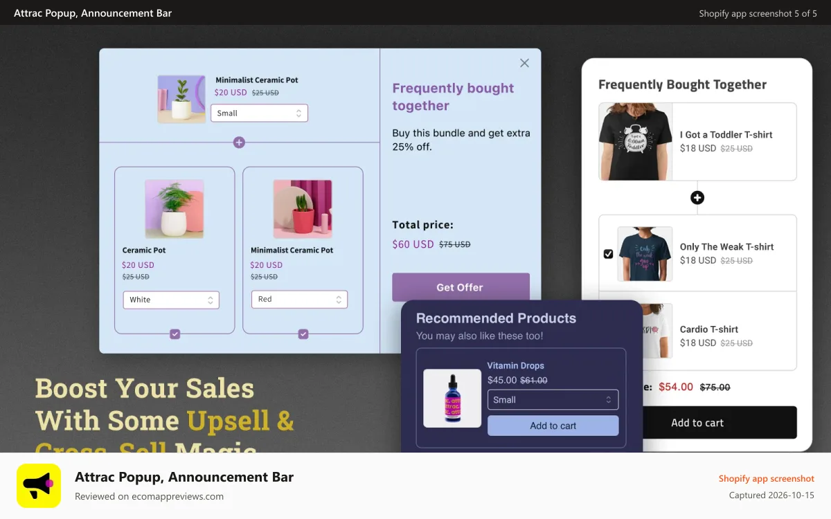 Attrac Popup, Announcement Bar Shopify app screenshot: Boost your sales with some upsell & cross-sell magic