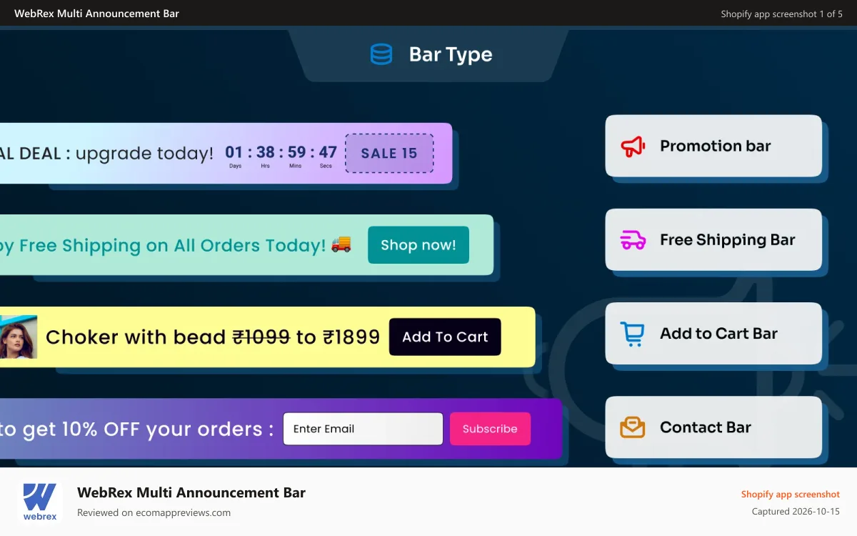 WebRex Multi Announcement Bar Shopify app screenshot: bar type