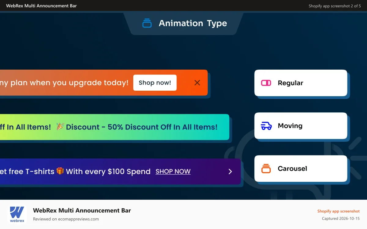 WebRex Multi Announcement Bar Shopify app screenshot: Set multiple bars and slides