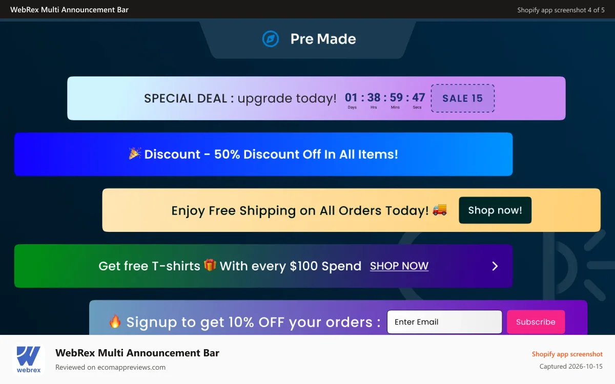 WebRex Multi Announcement Bar Shopify app screenshot: Free shipping bar
