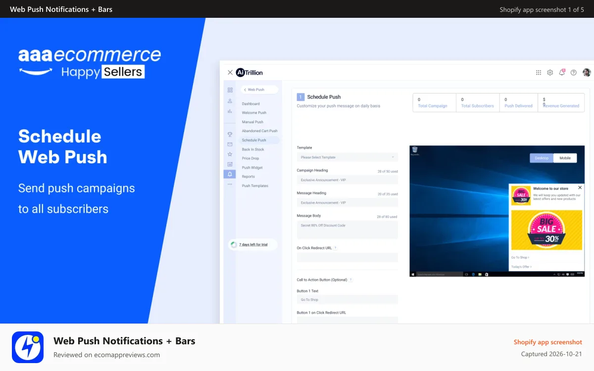 Web Push Notifications + Bars Shopify app screenshot: Schedule Web Push Notification