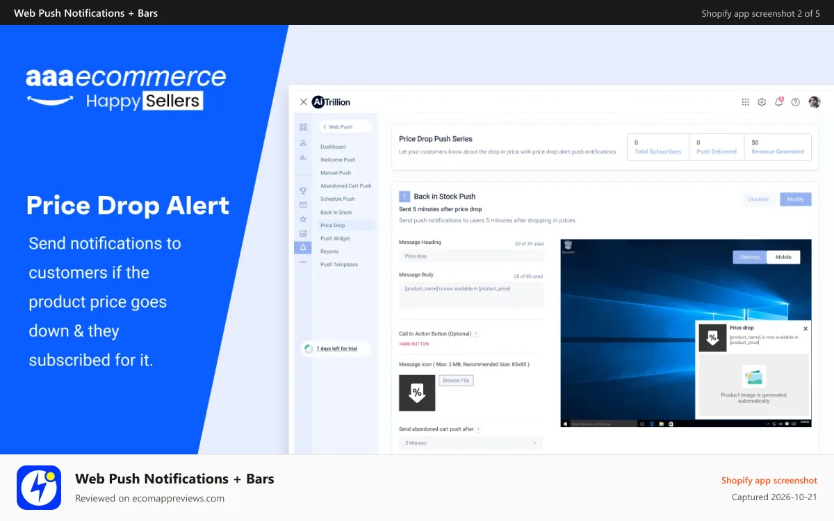 Web Push Notifications + Bars Shopify app screenshot: Price drop Alert Web Push Notification