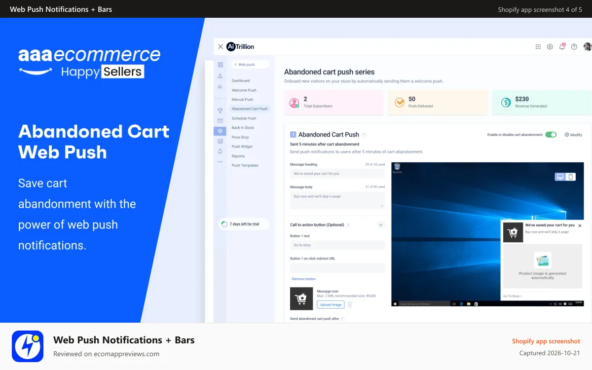 Web Push Notifications + Bars Shopify app screenshot: Save Abandoned Cart Web Push Notification