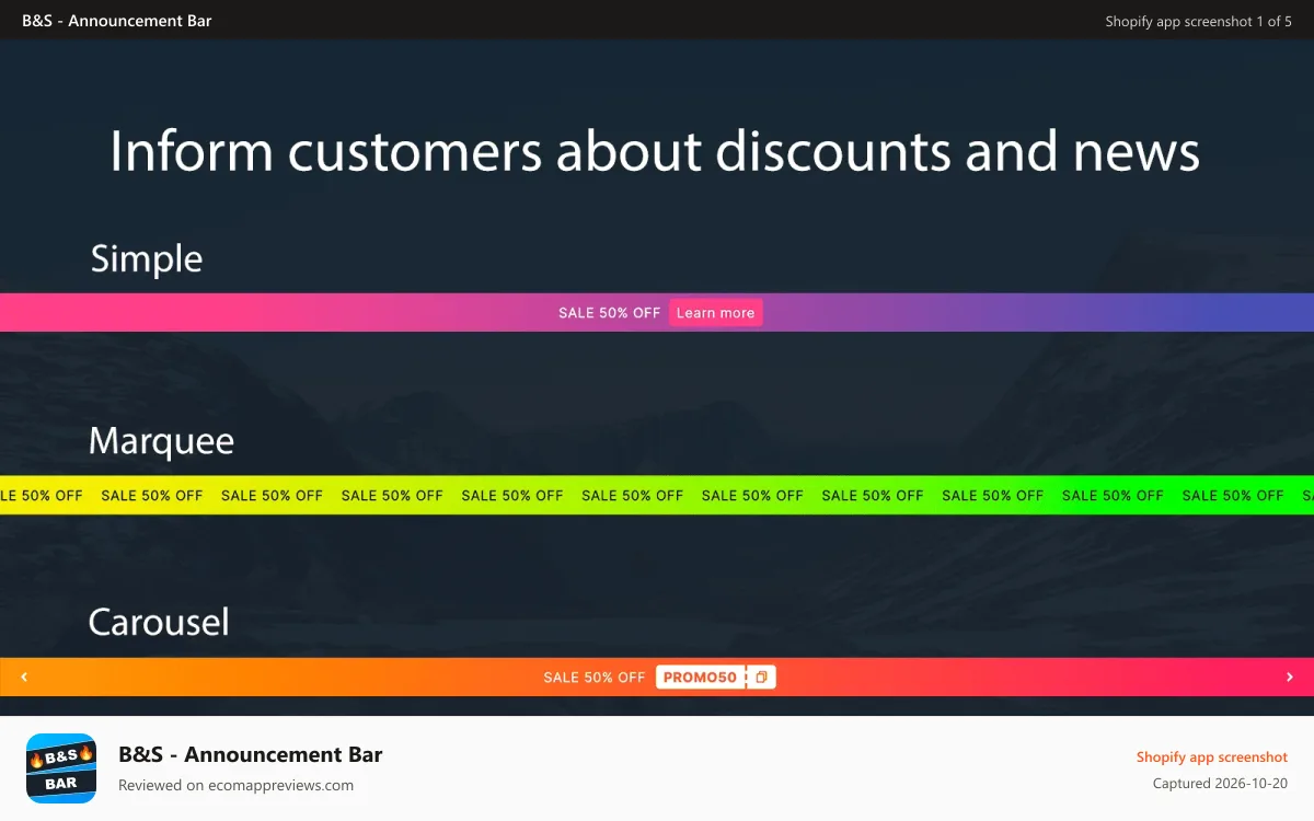 B&S ‑ Announcement Bar Shopify app screenshot: Inform customers about discounts and news