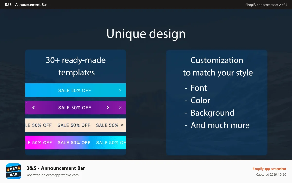 B&S ‑ Announcement Bar Shopify app screenshot: Unique design
