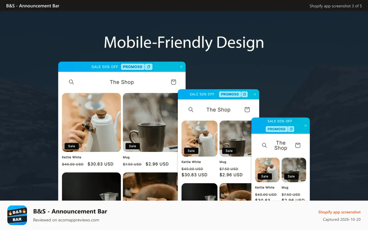 B&S ‑ Announcement Bar Shopify app screenshot: Mobile-Friendly Design