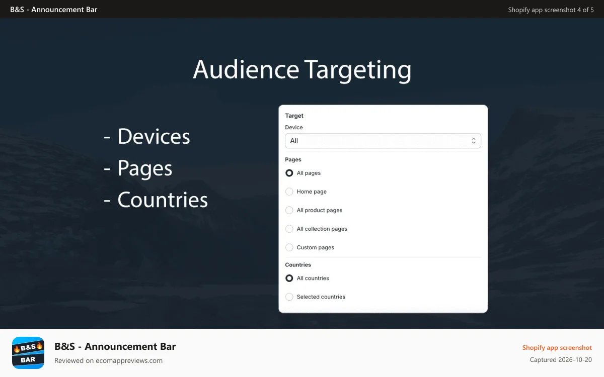 B&S ‑ Announcement Bar Shopify app screenshot: Audience Targeting