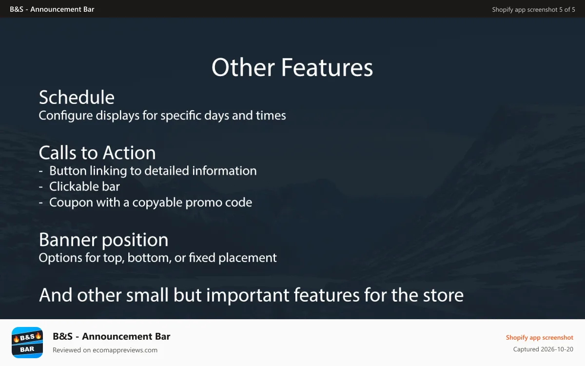 B&S ‑ Announcement Bar Shopify app screenshot: Other Features